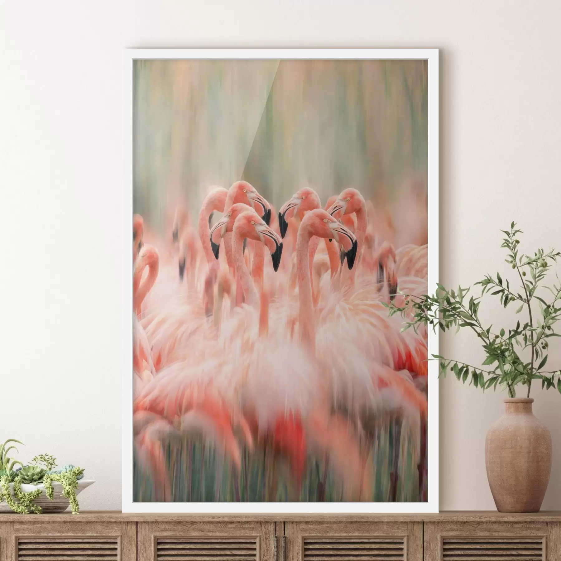 Fototapeta Stado różowych flamingów z artystycznym efektem rozmycia w pastelowej kolorystyce f50008