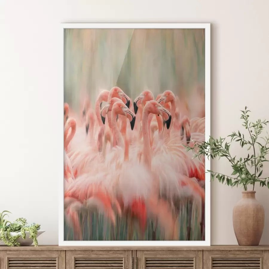 Fototapeta Stado różowych flamingów z artystycznym efektem rozmycia w pastelowej kolorystyce f50008