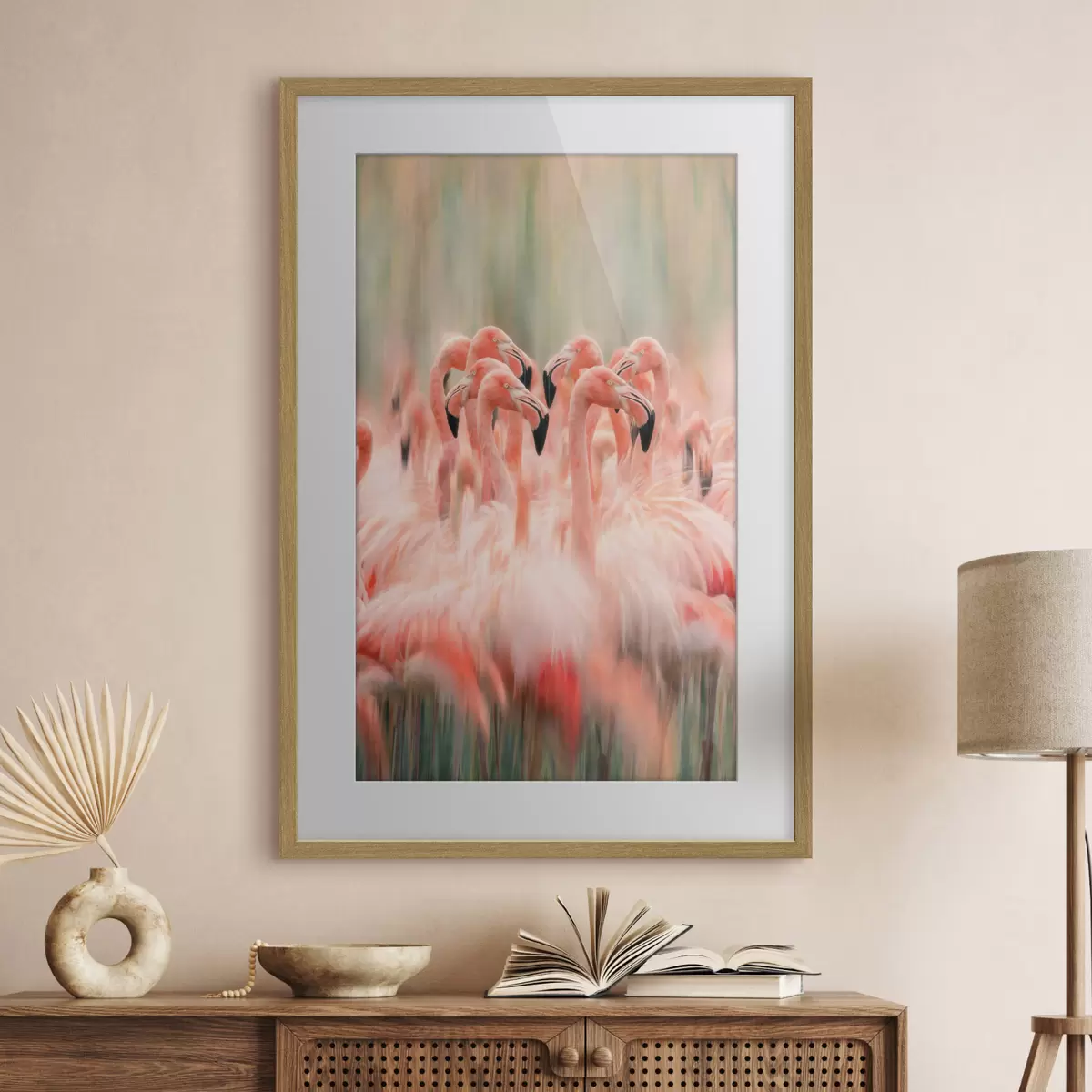 Plakat Stado różowych flamingów z artystycznym efektem rozmycia w pastelowej kolorystyce f50008