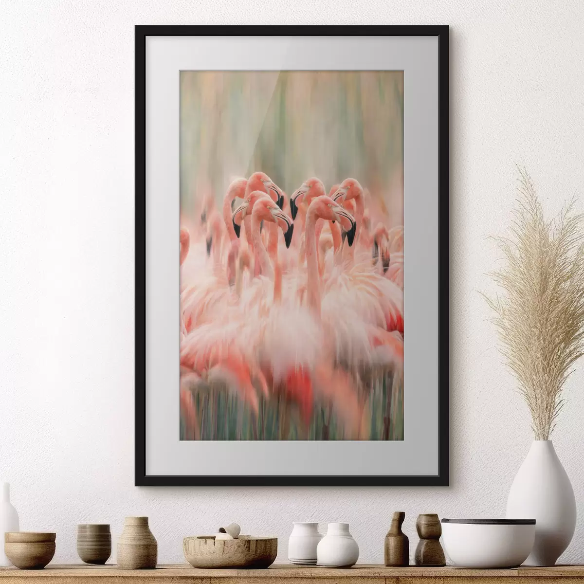 Plakat Stado różowych flamingów z artystycznym efektem rozmycia w pastelowej kolorystyce f50008