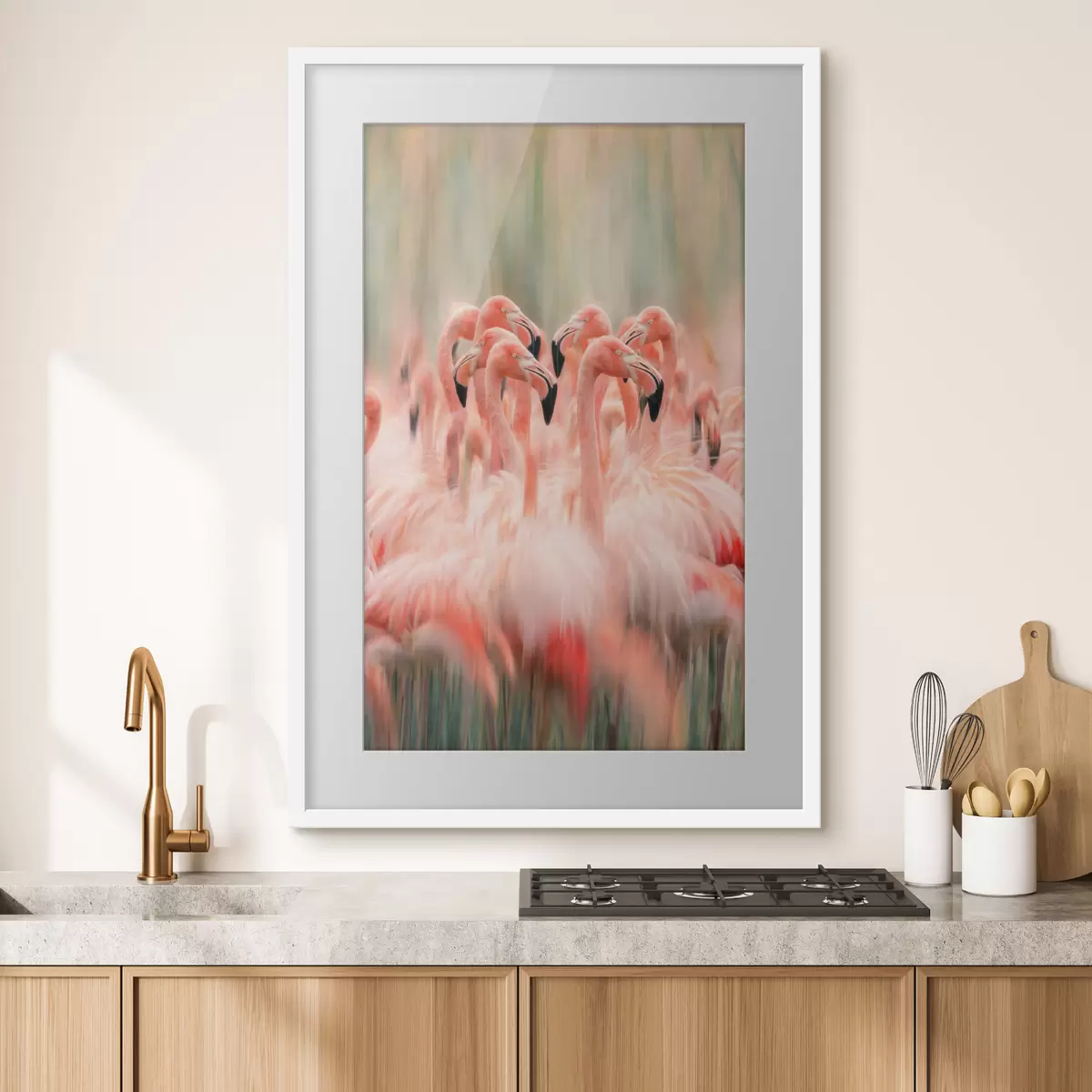 Plakat Stado różowych flamingów z artystycznym efektem rozmycia w pastelowej kolorystyce f50008