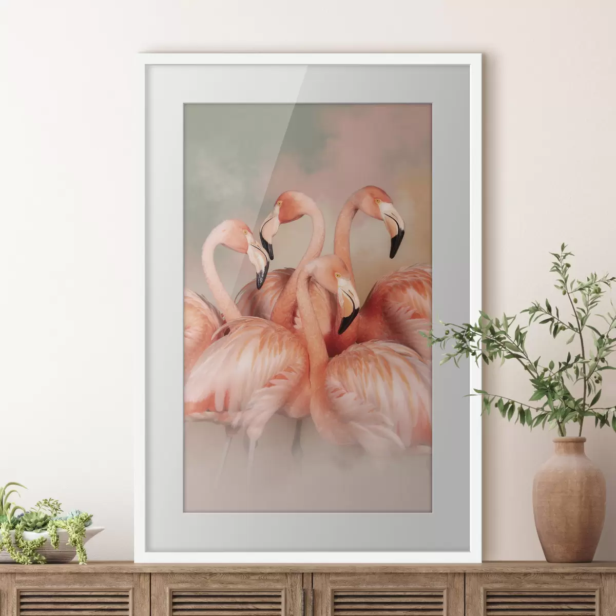 Plakat Różowe flamingi w mgiełce pastelowych odcieni: kompozycja dekoracyjna f50009