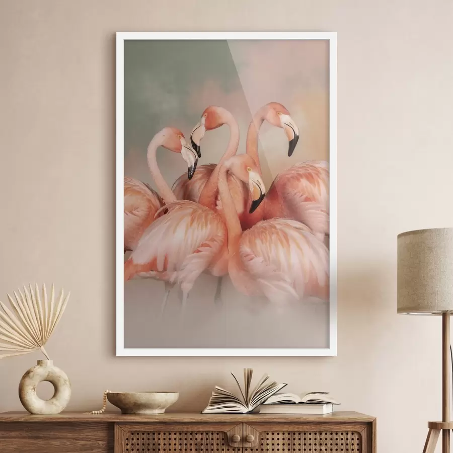 Fototapeta Różowe flamingi w mgiełce pastelowych odcieni: kompozycja dekoracyjna f50009