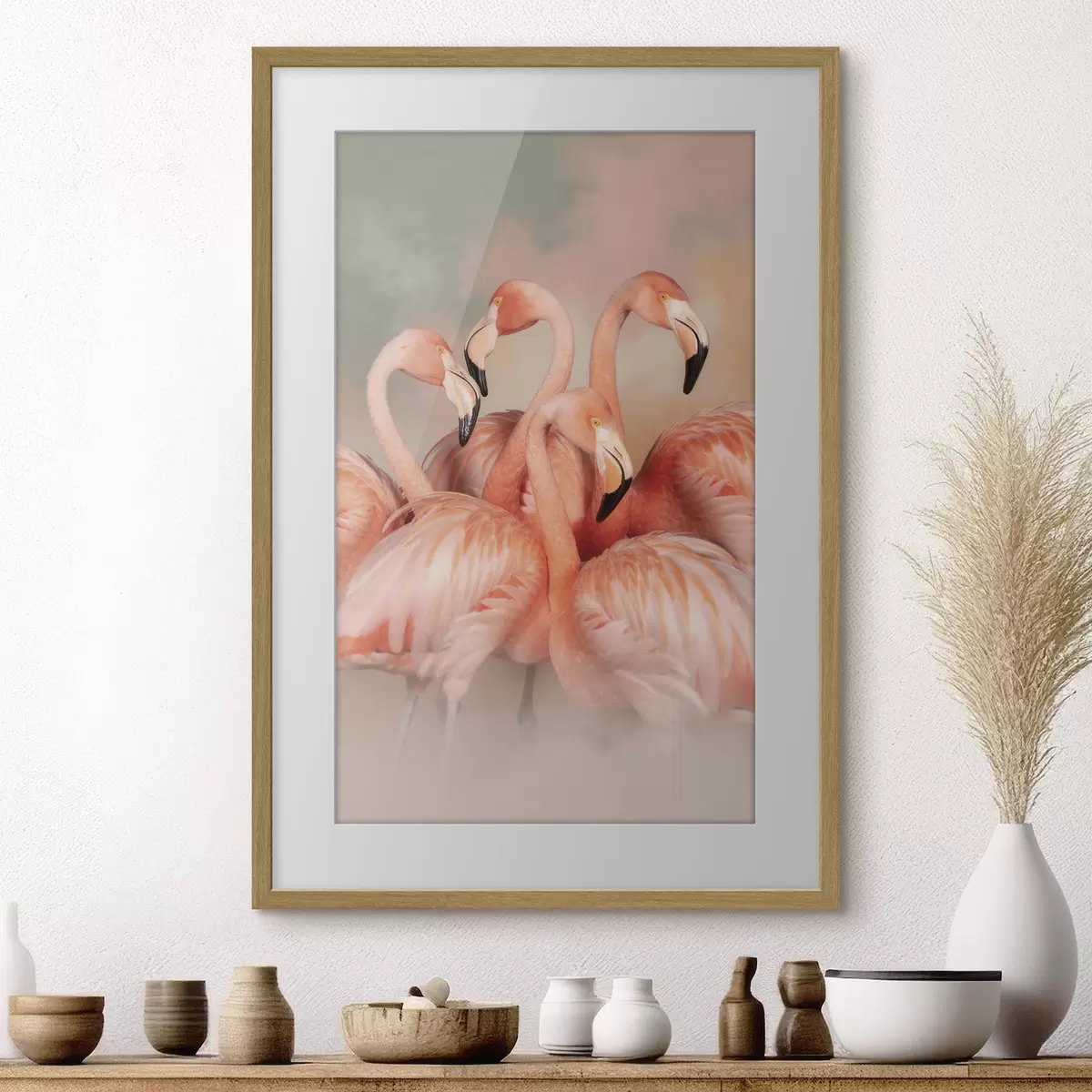 Plakat Różowe flamingi w mgiełce pastelowych odcieni: kompozycja dekoracyjna f50009