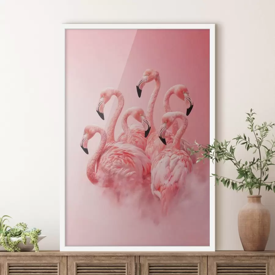 Fototapeta Różowe flamingi w lekkiej mgle: dekoracyjna scena utrzymana w delikatnej kolorystyce f50010