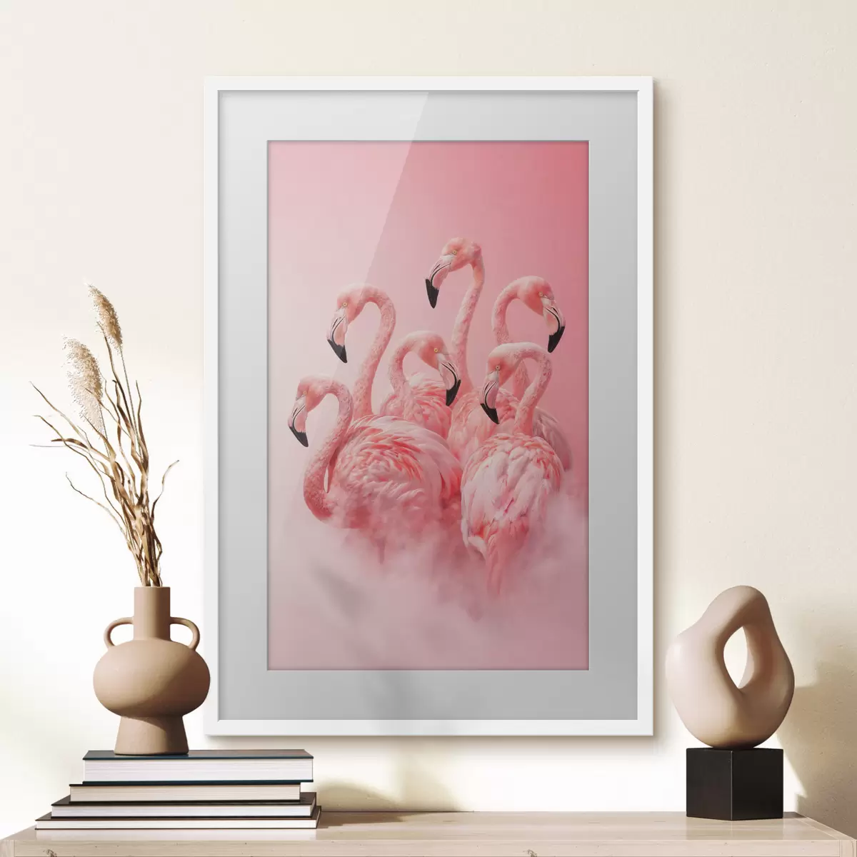 Plakat Różowe flamingi w lekkiej mgle: dekoracyjna scena utrzymana w delikatnej kolorystyce f50010