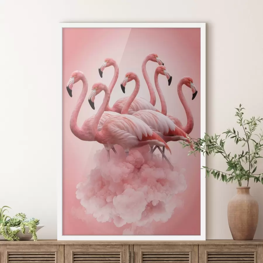 Fototapeta Kompozycja przedstawiająca pełne wdzięku flamingi nad różową chmurą w pastelowej kolorystyce f50011