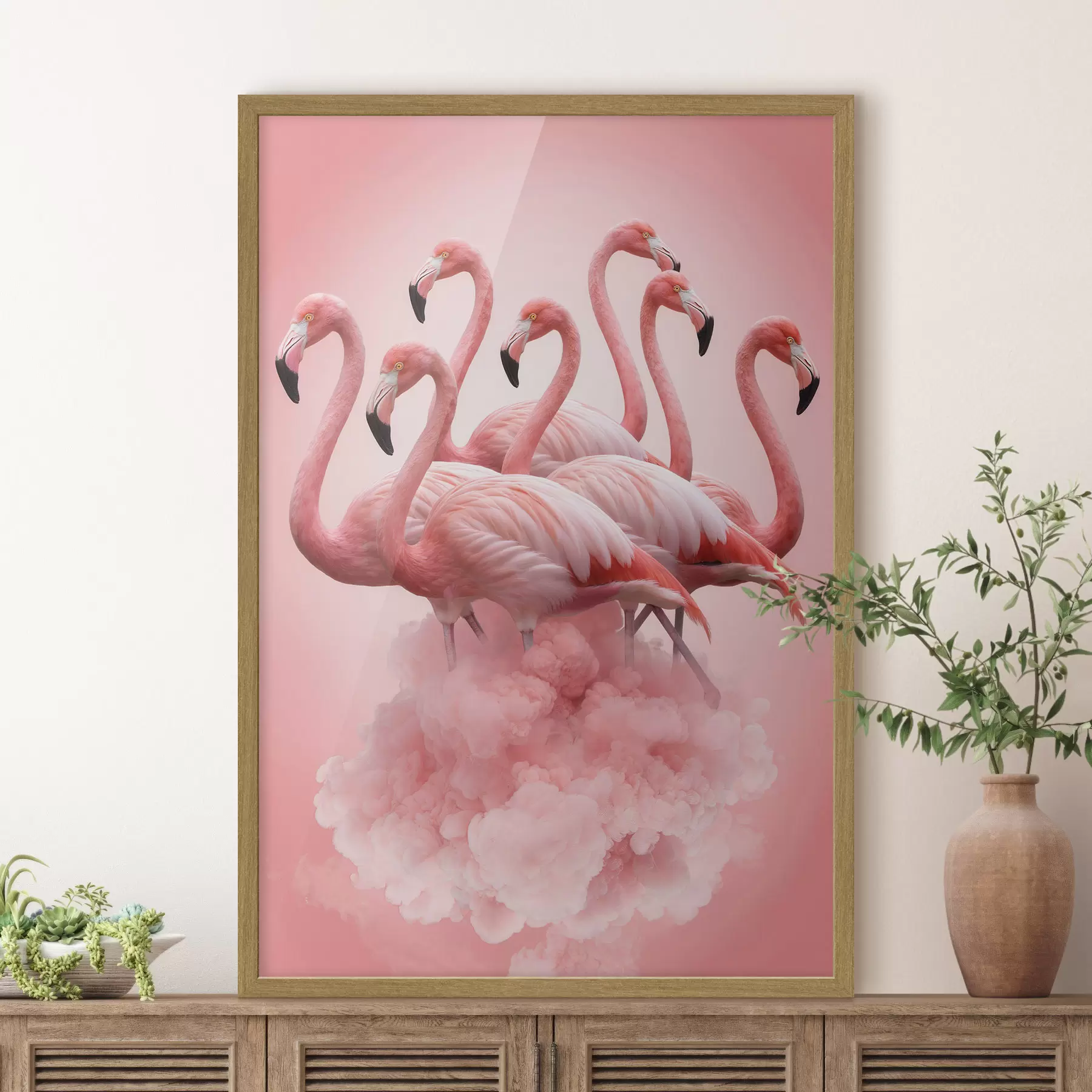 Fototapeta Kompozycja przedstawiająca pełne wdzięku flamingi nad różową chmurą w pastelowej kolorystyce f50011