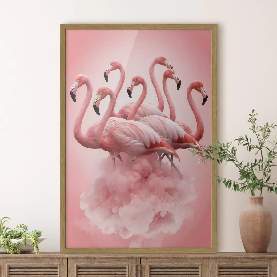 Fototapeta Kompozycja przedstawiająca pełne wdzięku flamingi nad różową chmurą w pastelowej kolorystyce f50011