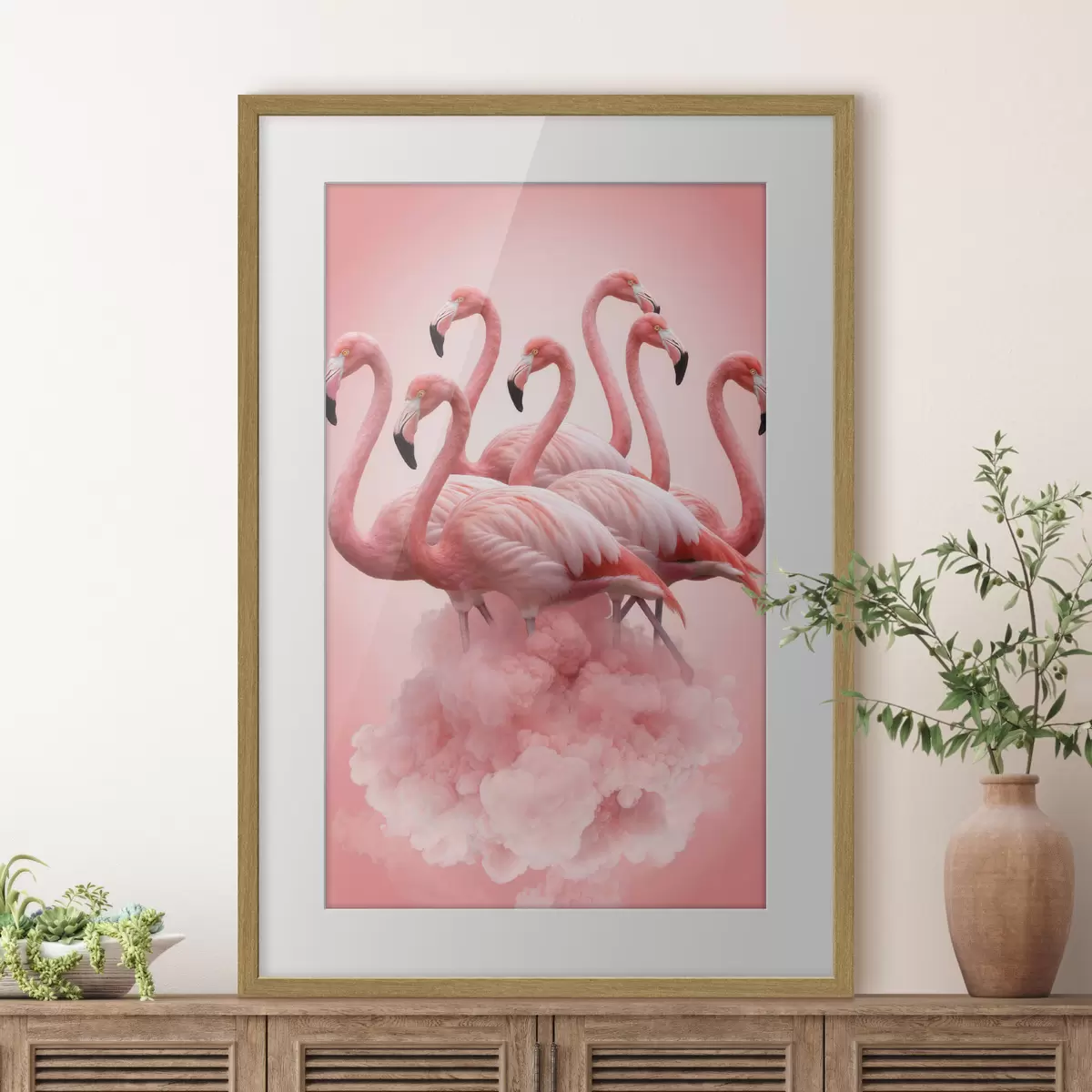 Plakat Kompozycja przedstawiająca pełne wdzięku flamingi nad różową chmurą w pastelowej kolorystyce f50011