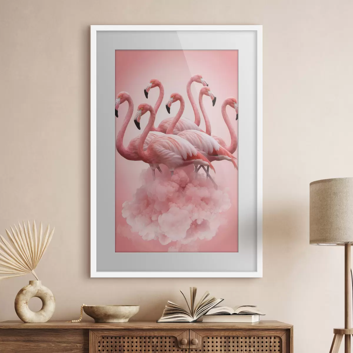 Plakat Kompozycja przedstawiająca pełne wdzięku flamingi nad różową chmurą w pastelowej kolorystyce f50011