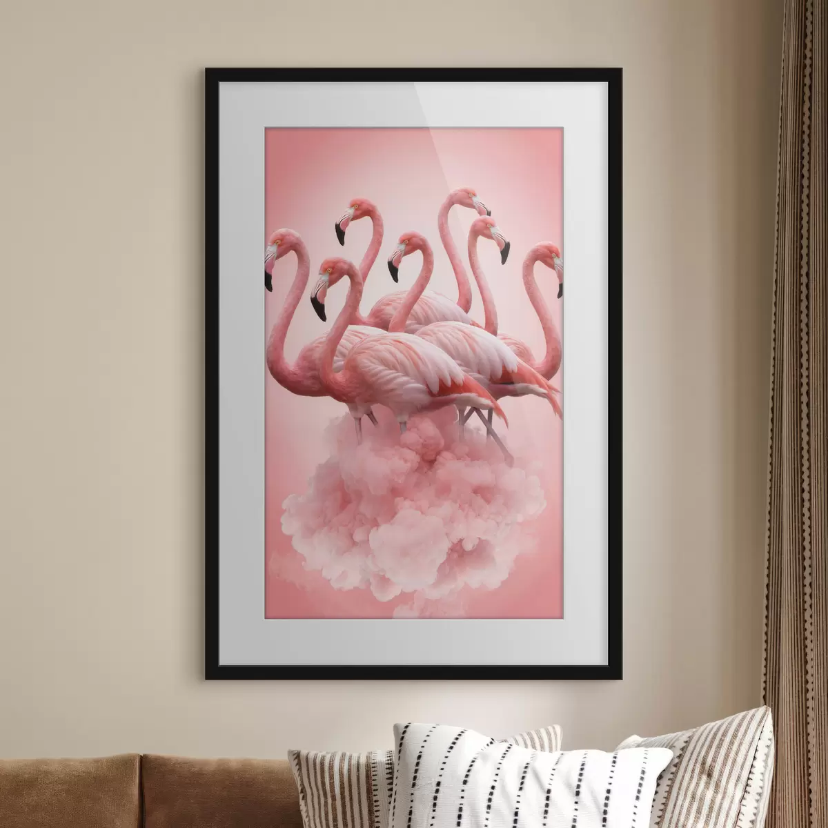 Plakat Kompozycja przedstawiająca pełne wdzięku flamingi nad różową chmurą w pastelowej kolorystyce f50011