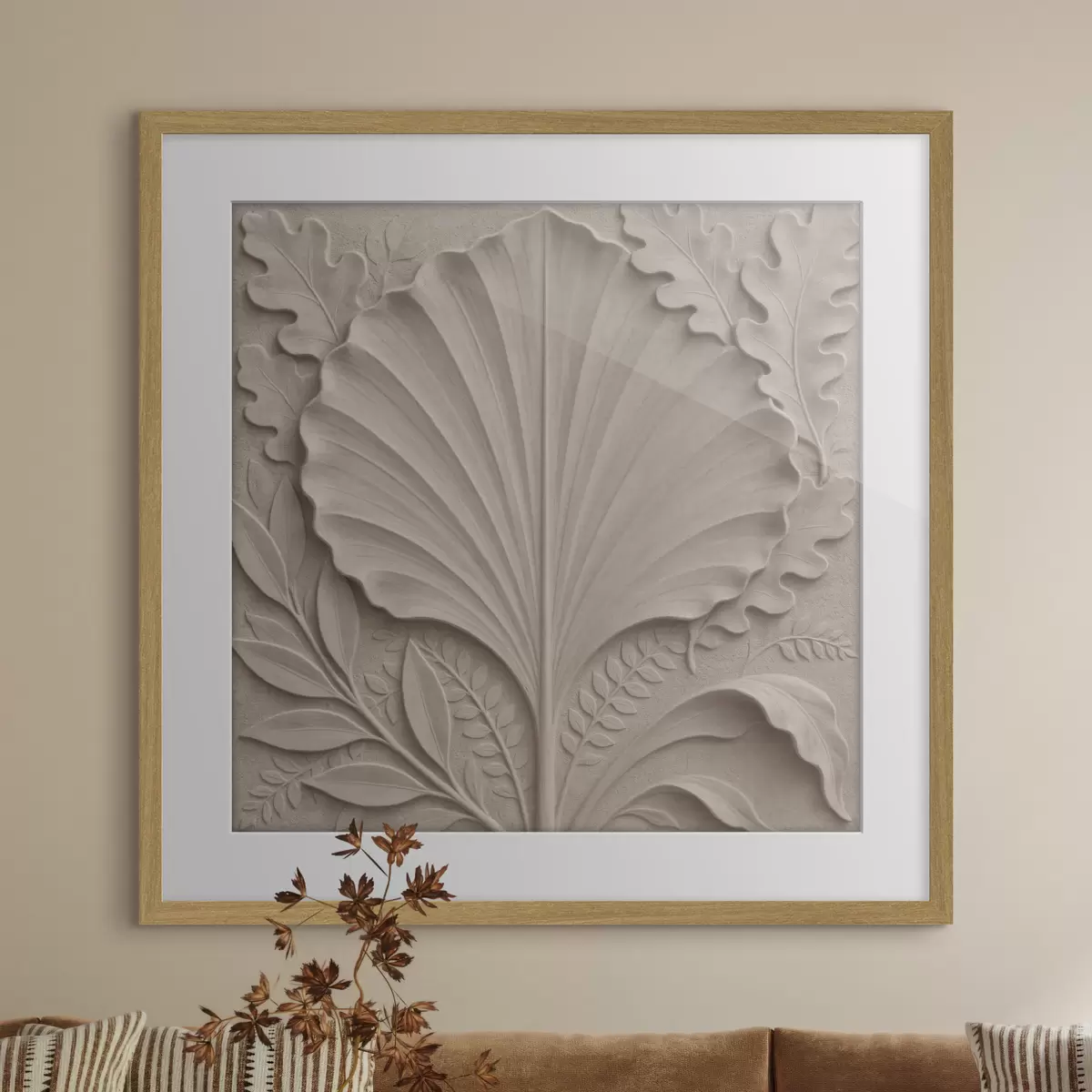 Plakat Wzór botaniczny z dekoracyjnymi liśćmi w beżowo-piaskowej kolorystyce f50012