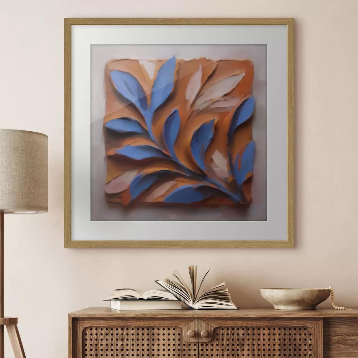 Plakat Trójwymiarowa kompozycja botaniczna z niebieskimi liśćmi na terakotowym tle, wykonana techniką impasto f50018