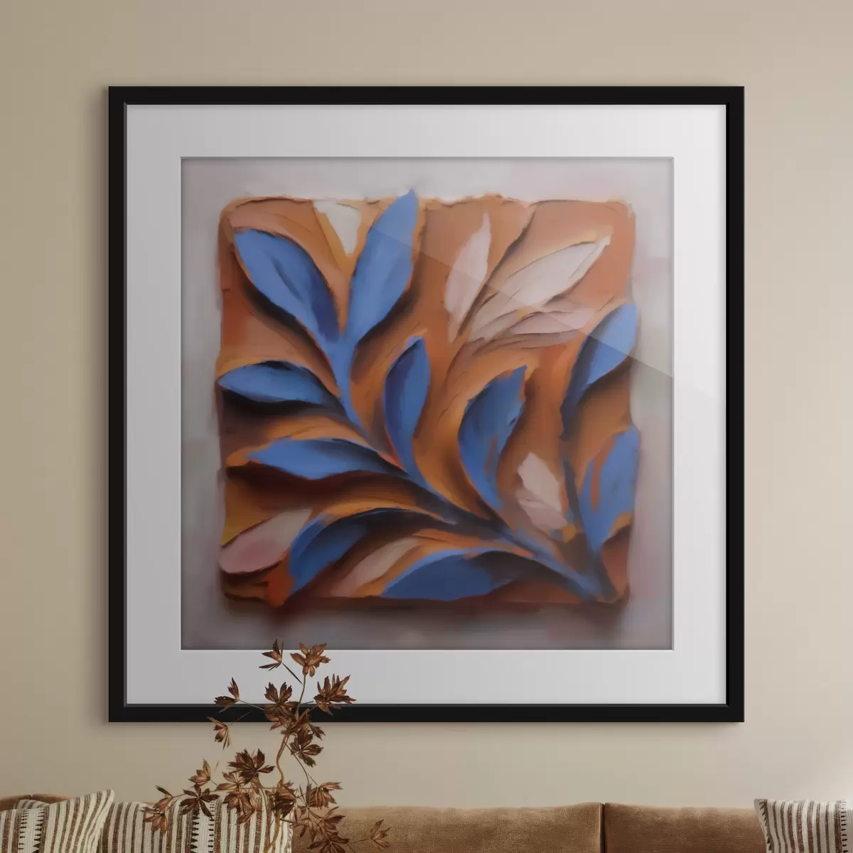 Plakat Trójwymiarowa kompozycja botaniczna z niebieskimi liśćmi na terakotowym tle, wykonana techniką impasto f50018