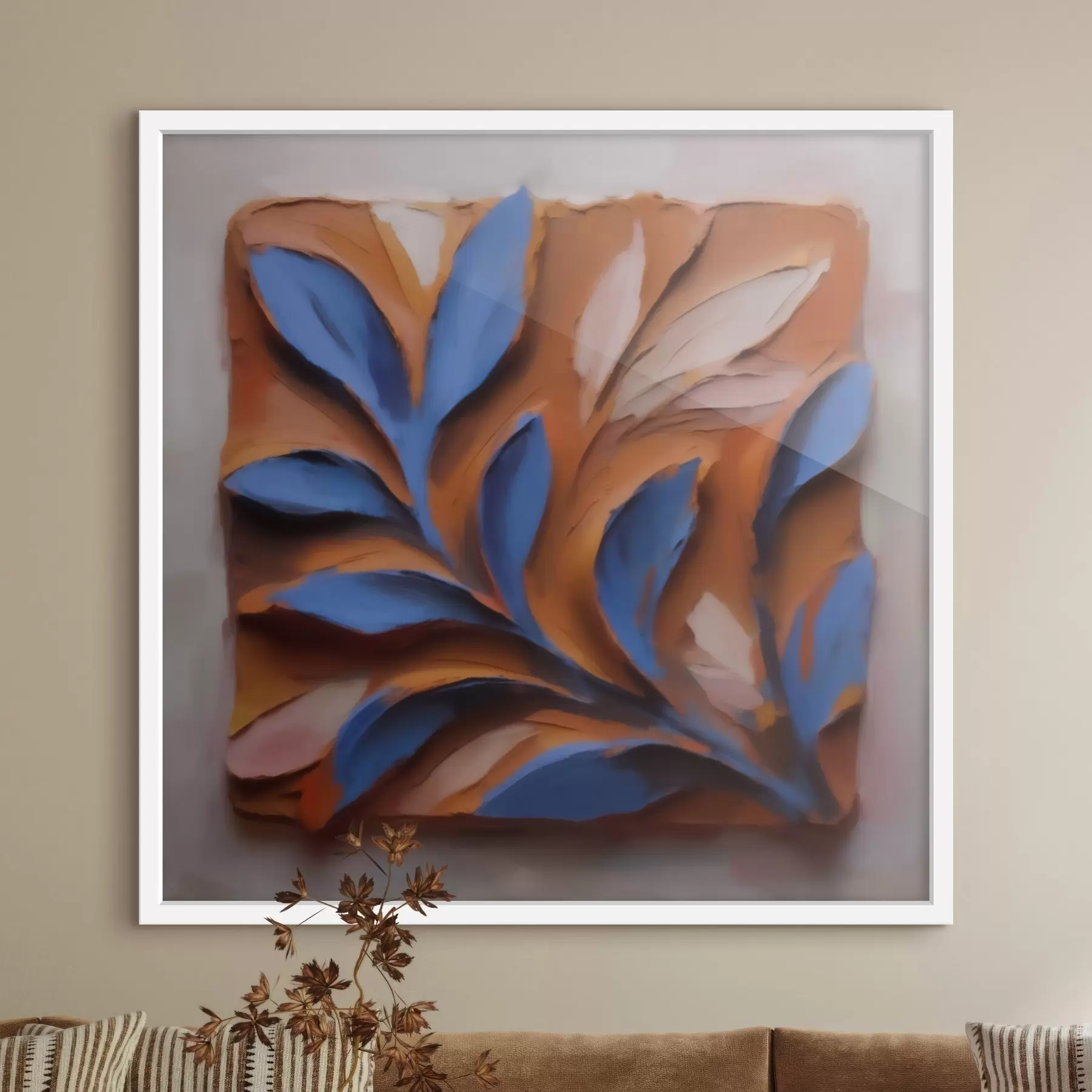 Fototapeta Trójwymiarowa kompozycja botaniczna z niebieskimi liśćmi na terakotowym tle, wykonana techniką impasto f50018