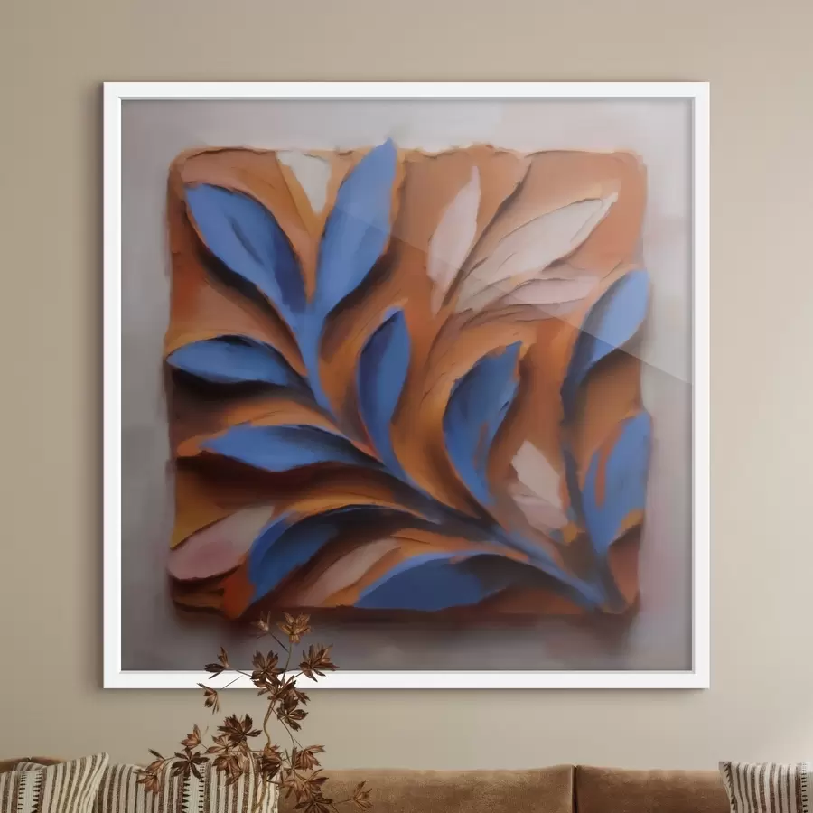 Fototapeta Trójwymiarowa kompozycja botaniczna z niebieskimi liśćmi na terakotowym tle, wykonana techniką impasto f50018