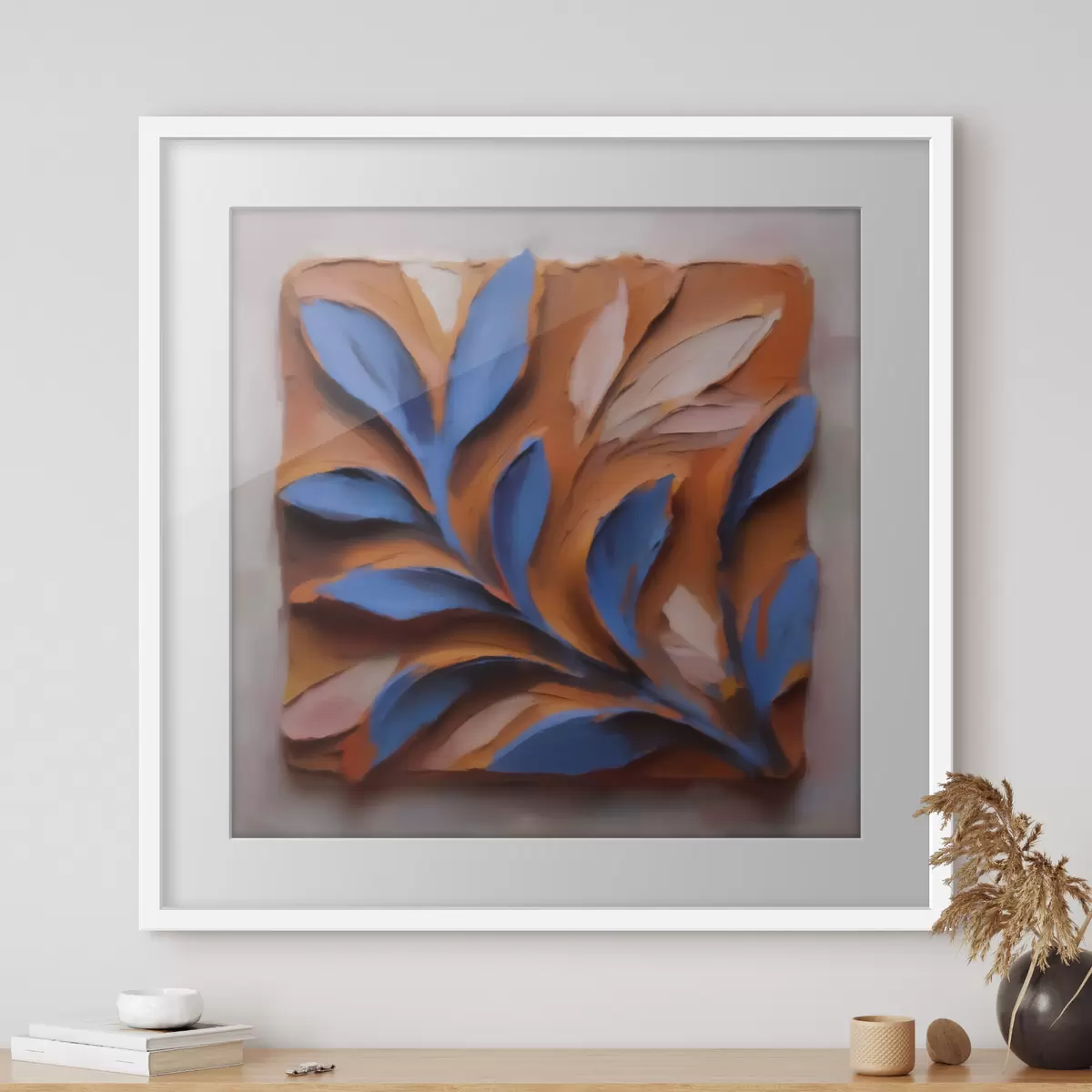 Plakat Trójwymiarowa kompozycja botaniczna z niebieskimi liśćmi na terakotowym tle, wykonana techniką impasto f50018