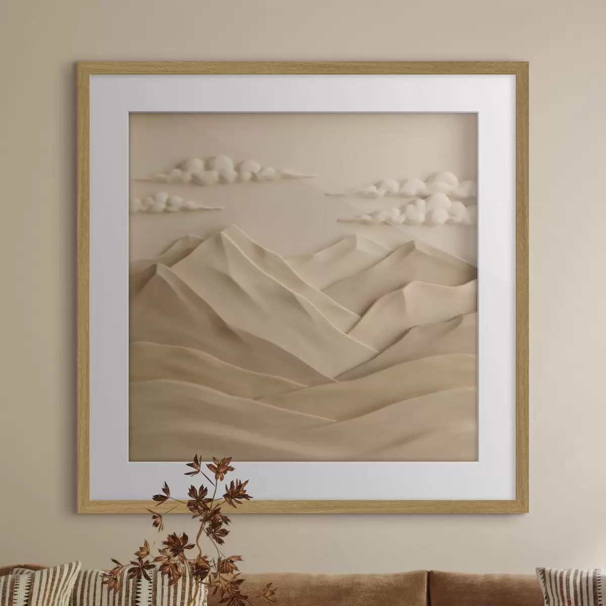 Plakat Minimalistyczny pejzaż z trójwymiarowymi górami i chmurami, utrzymany w nowoczesnym stylu reliefowym f50019