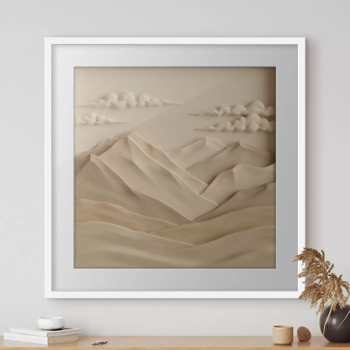 Plakat Minimalistyczny pejzaż z trójwymiarowymi górami i chmurami, utrzymany w nowoczesnym stylu reliefowym f50019