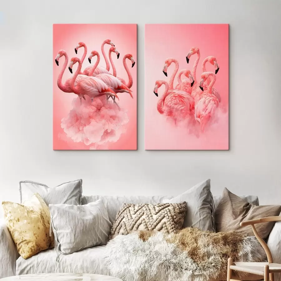 Obraz Dwuczęściowa kompozycja przedstawiająca flamingi koralowe w stylu ilustracji sztuki współczesnej m30764