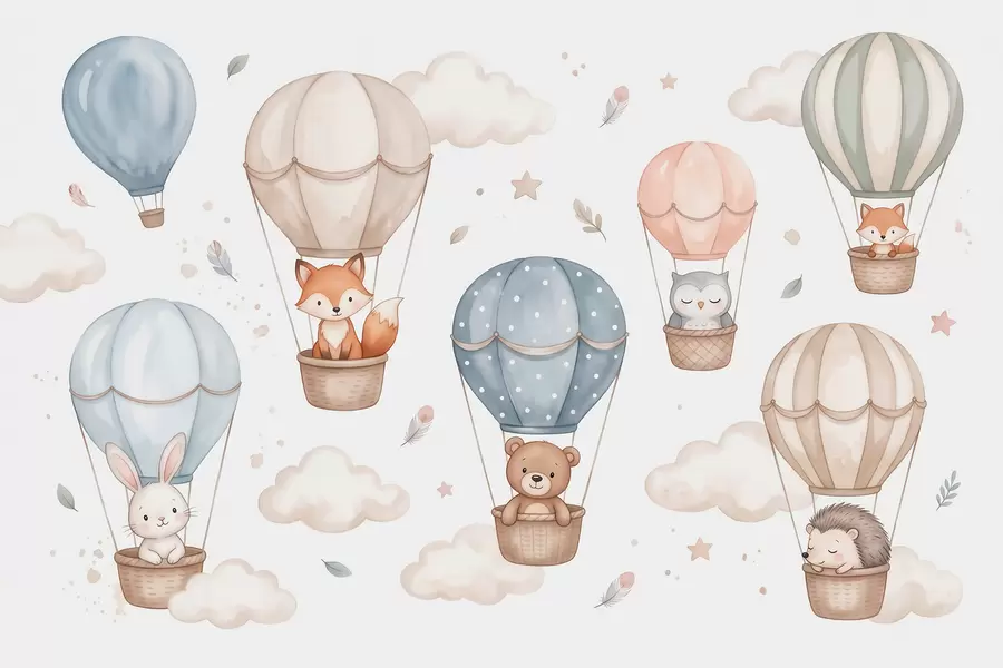 Fototapeta Zwierzęta leśne w balonach na ogrzane powietrze, styl akwarelowy, pastelowa paleta barw w10001