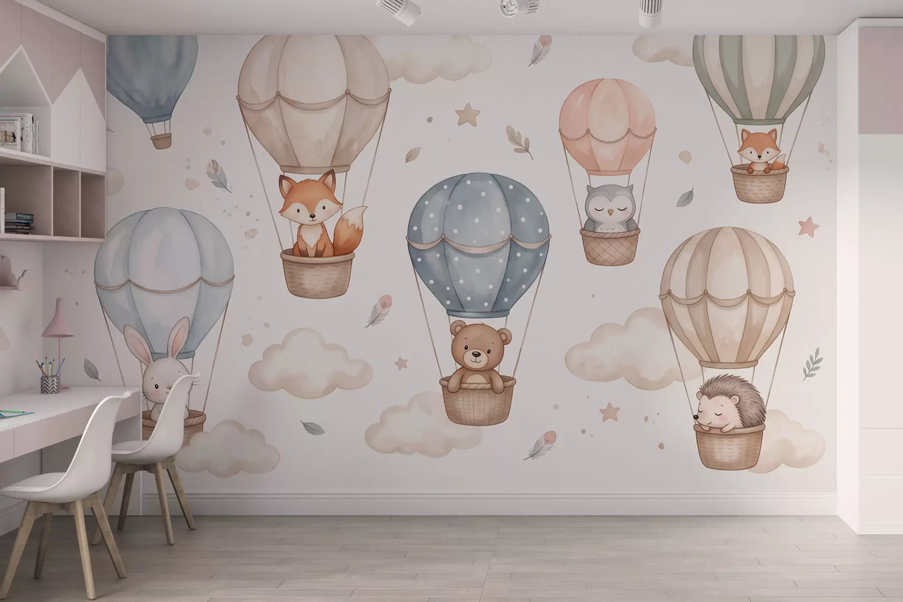 Fototapeta Zwierzęta leśne w balonach na ogrzane powietrze, styl akwarelowy, pastelowa paleta barw w10001