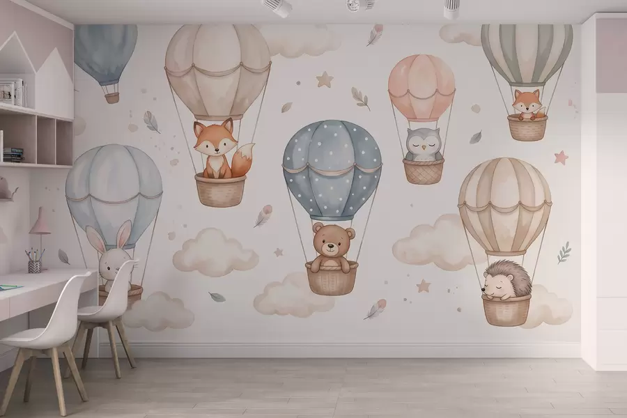 Fototapeta Zwierzęta leśne w balonach na ogrzane powietrze, styl akwarelowy, pastelowa paleta barw w10001