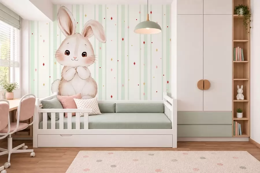 Fototapeta Uroczy króliczek na tle zielonych pasków i jasnych gwiazdek w05920v2