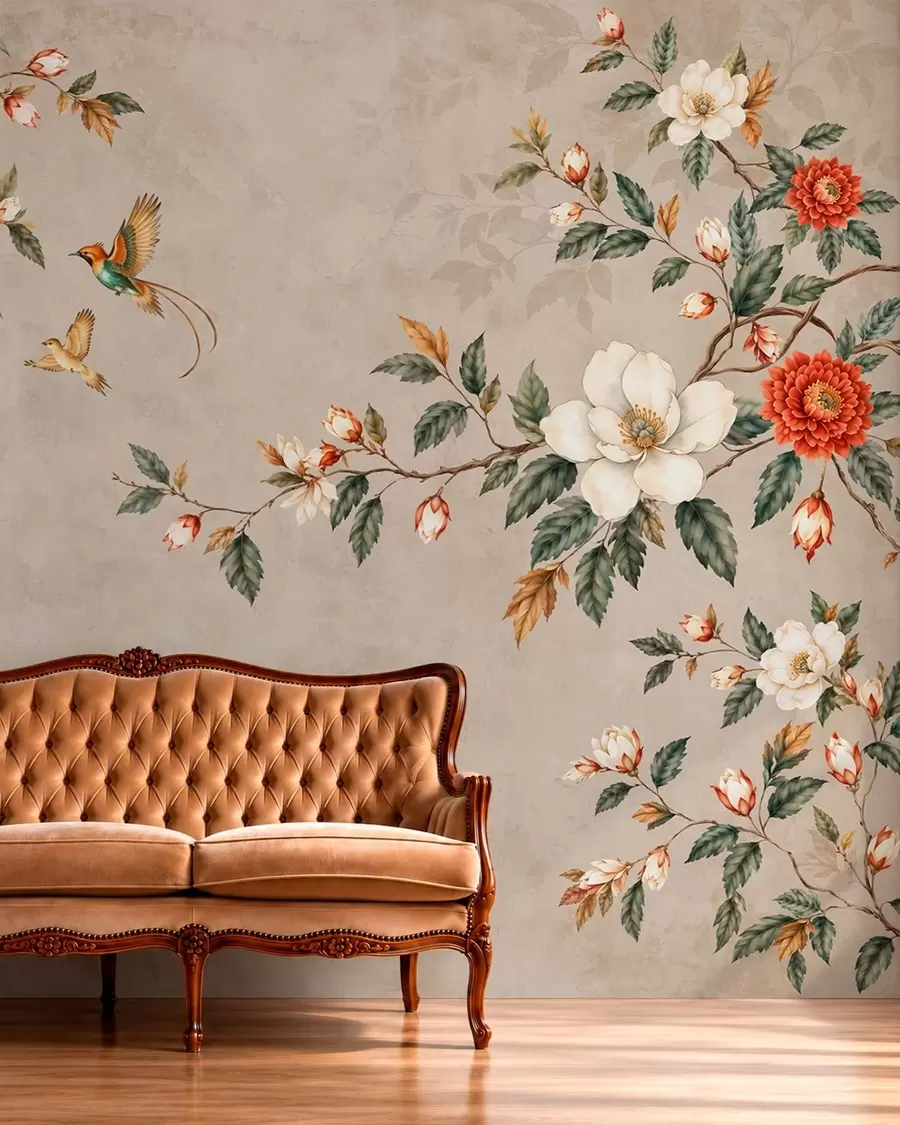 Fototapeta Kwitnące gałęzie i dwa ptaki na beżowym tle w05927v2