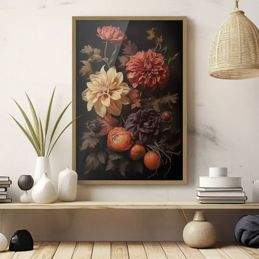 Fototapeta Jesienne dalie na ciemnym tle f50909