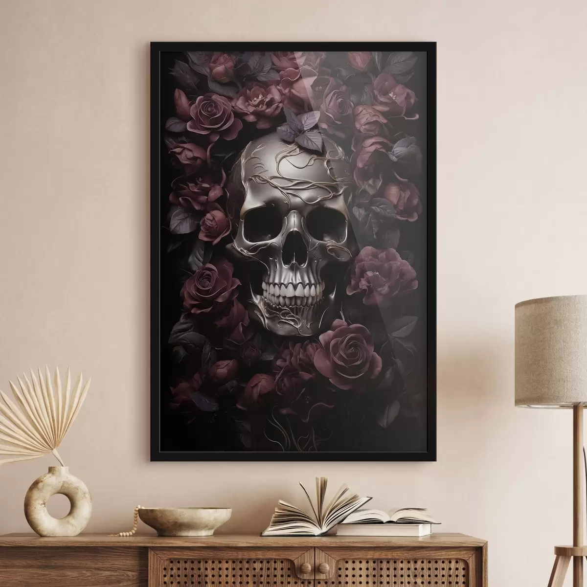 Plakat Tajemnicza płaskorzeźba czaszki wśród burgundowych róż f50914