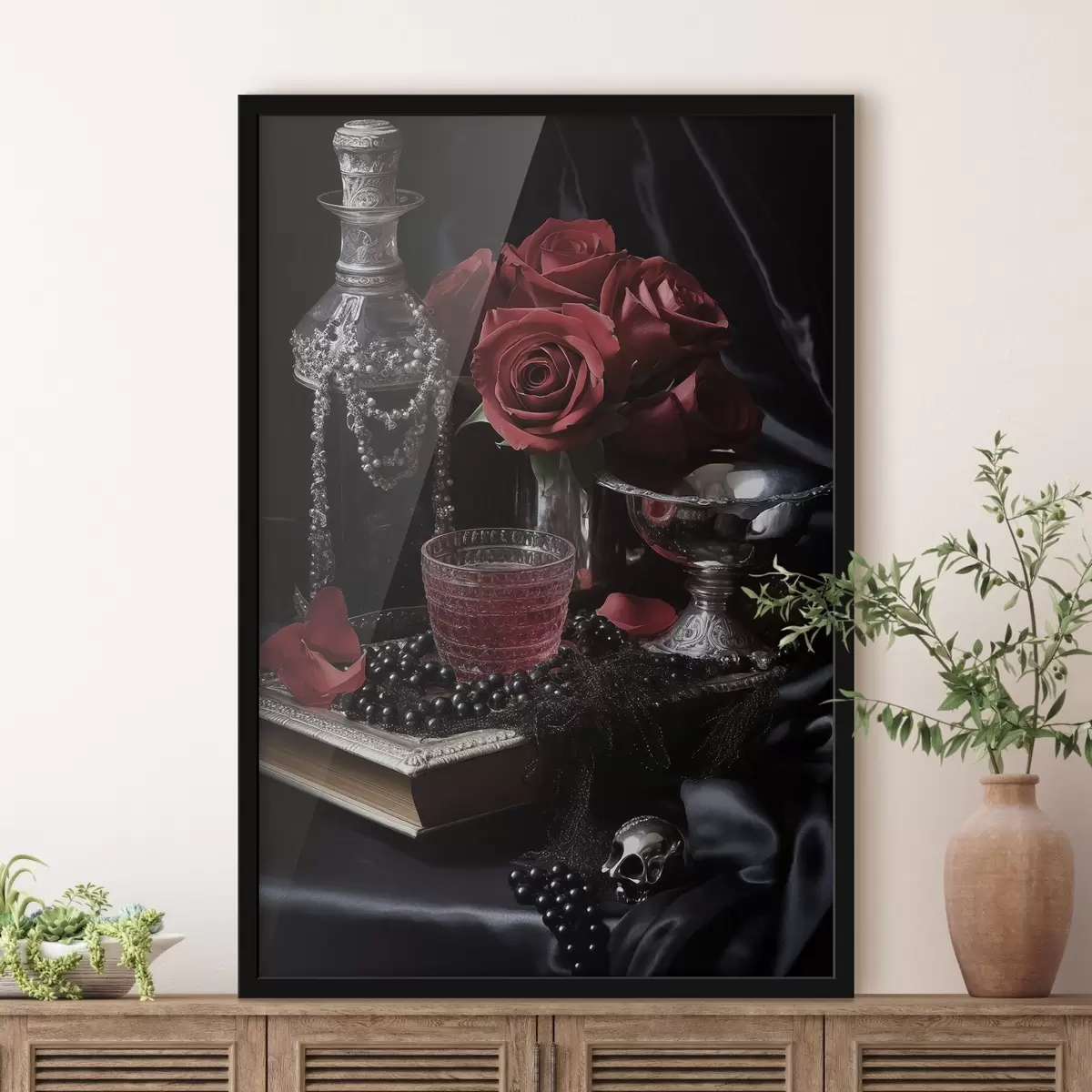 Plakat Retro martwa natura ze szklanką i różami f50915