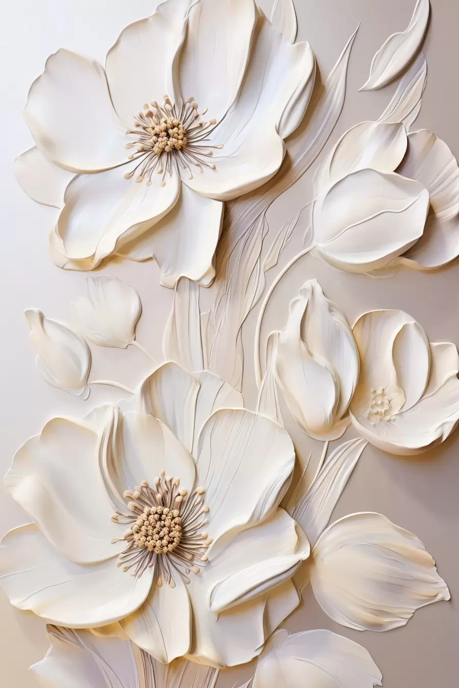 Fototapeta Kwiaty w kremowym kolorze z teksturowanymi płatkami, na delikatnym, jasnym tle f50957