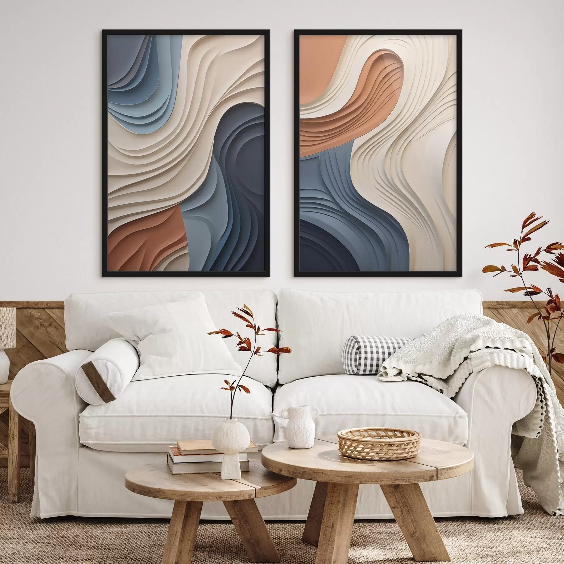 Fototapeta Abstrakcyjne, faliste warstwy w odcieniach kremowym, niebieskim i pomarańczowym; teksturowana sztuka współczesna d31041