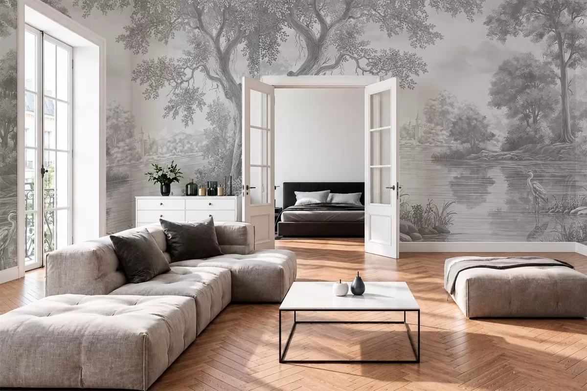 Fototapeta Szara leśna sceneria z czaplą nad jeziorem w05805v1