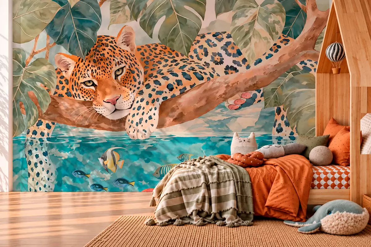 Fototapeta Lampart na gałęzi nad wodą z kolorowymi rybami w05954