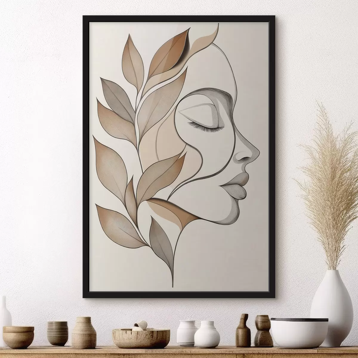 Plakat Profil kobiety z liśćmi f50997