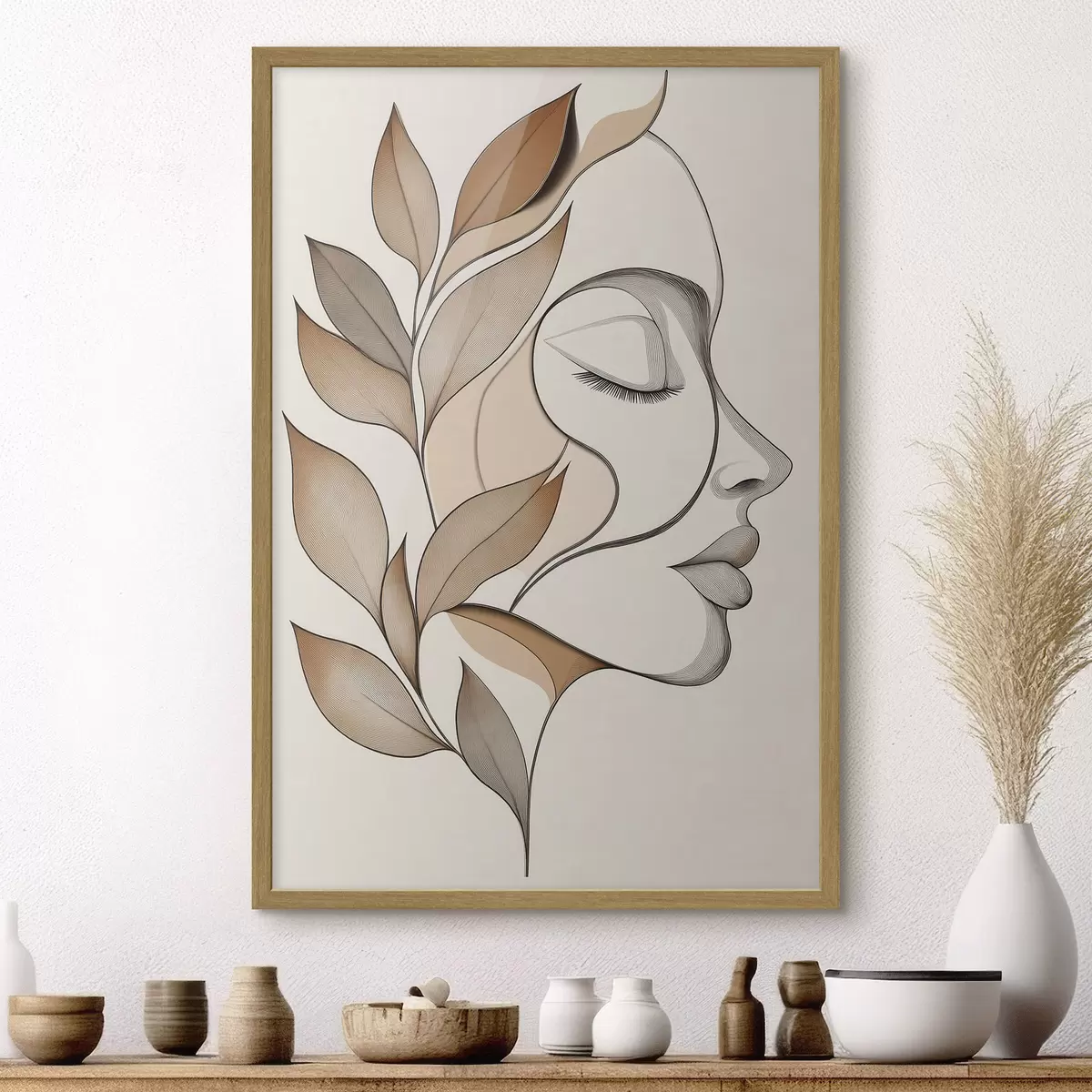 Plakat Profil kobiety z liśćmi f50997