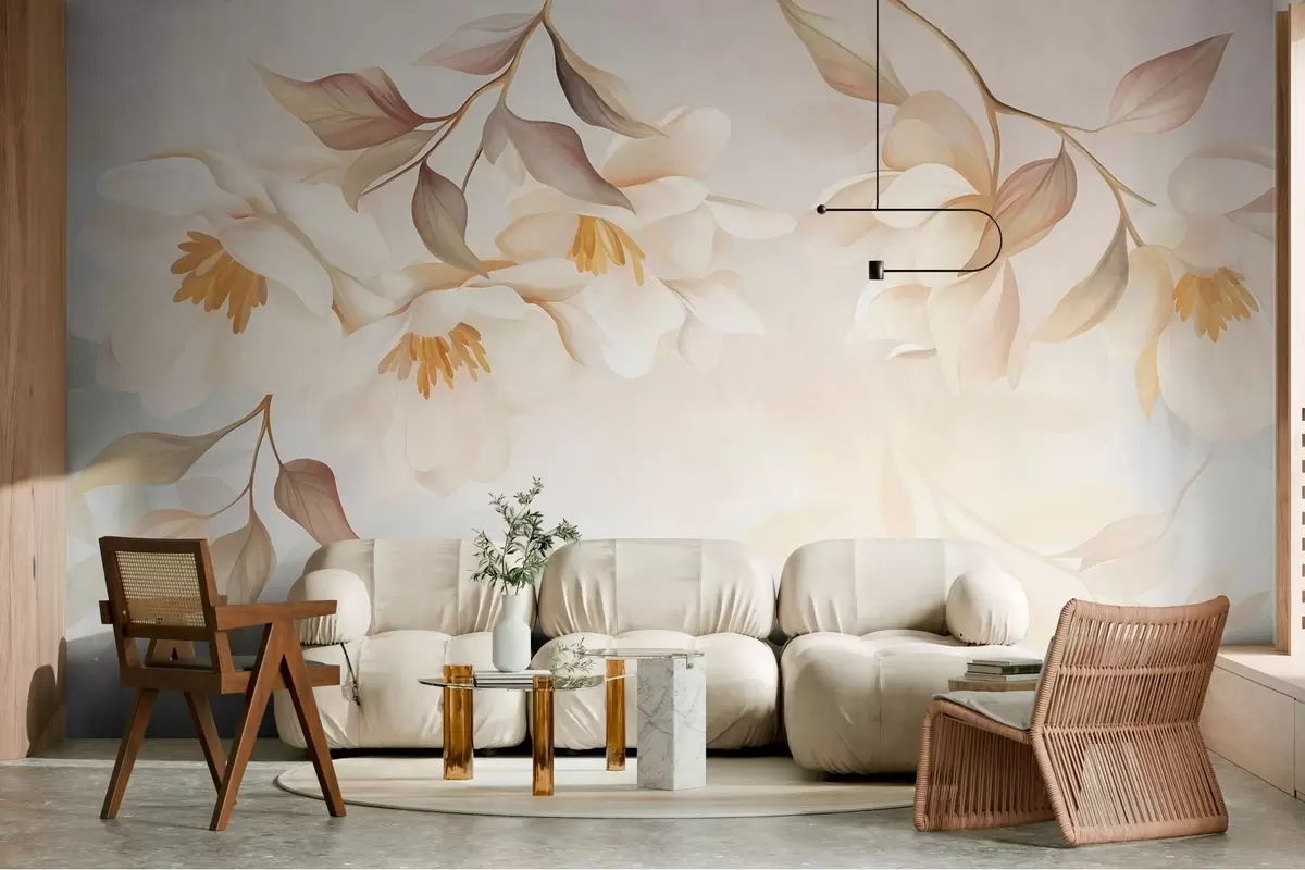 Fototapeta Kwiaty magnolii z delikatnymi brązowymi liśćmi zwisającymi z gałęzi w10086