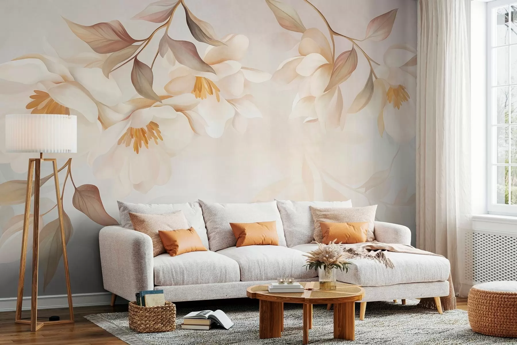 Fototapeta Kwiaty magnolii z delikatnymi brązowymi liśćmi zwisającymi z gałęzi w10086