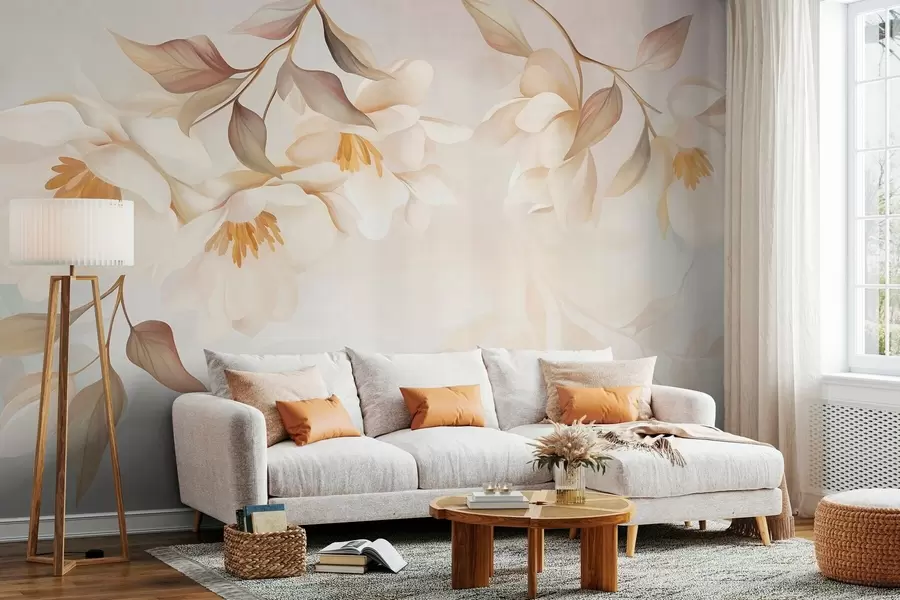 Fototapeta Kwiaty magnolii z delikatnymi brązowymi liśćmi zwisającymi z gałęzi w10086