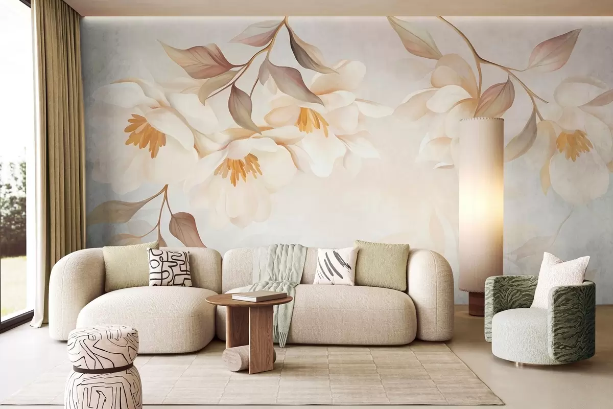 Fototapeta Kwiaty magnolii z delikatnymi brązowymi liśćmi zwisającymi z gałęzi w10086