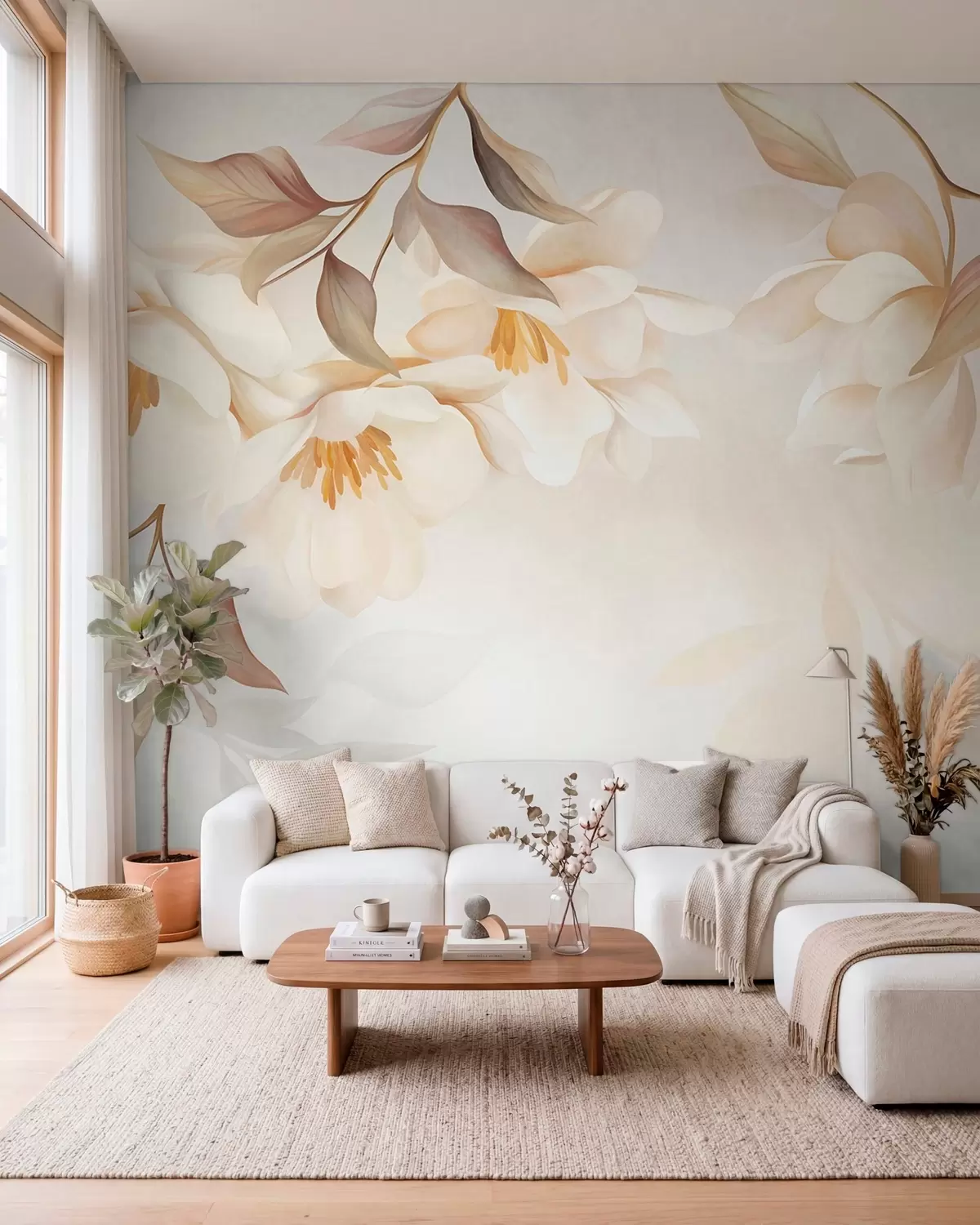 Fototapeta Kwiaty magnolii z delikatnymi brązowymi liśćmi zwisającymi z gałęzi w10086