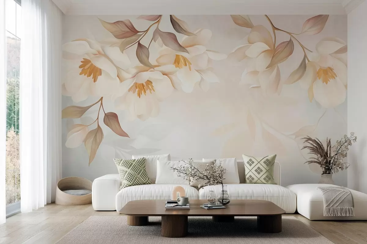 Fototapeta Kwiaty magnolii z delikatnymi brązowymi liśćmi zwisającymi z gałęzi w10086