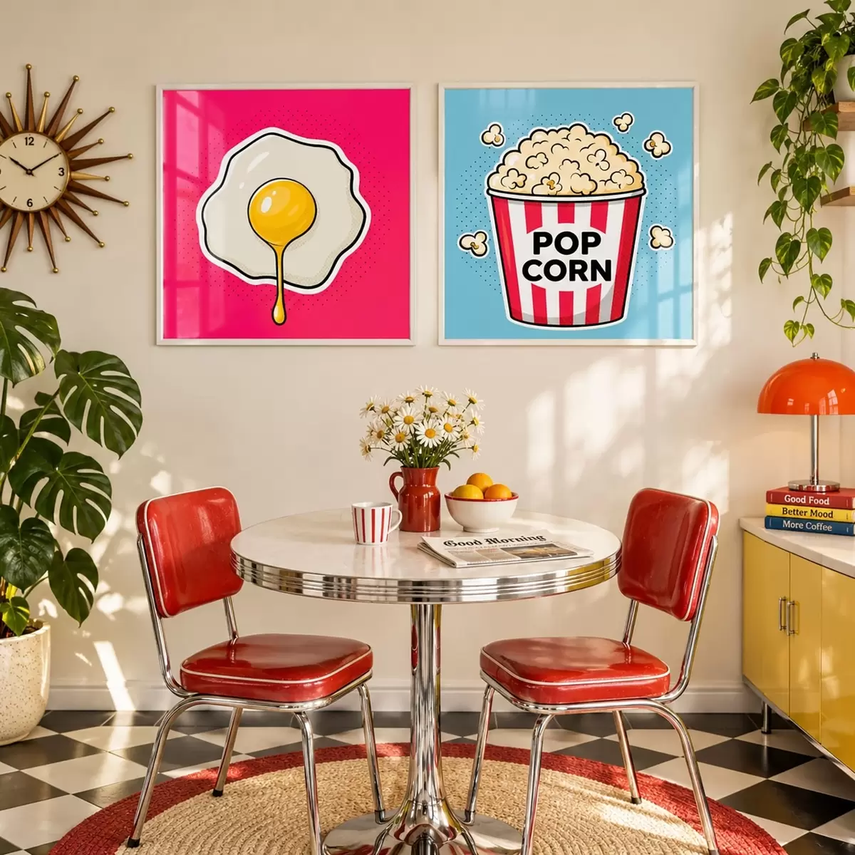 Plakat Jajko na różowym tle i wiadro z popcornem d31076
