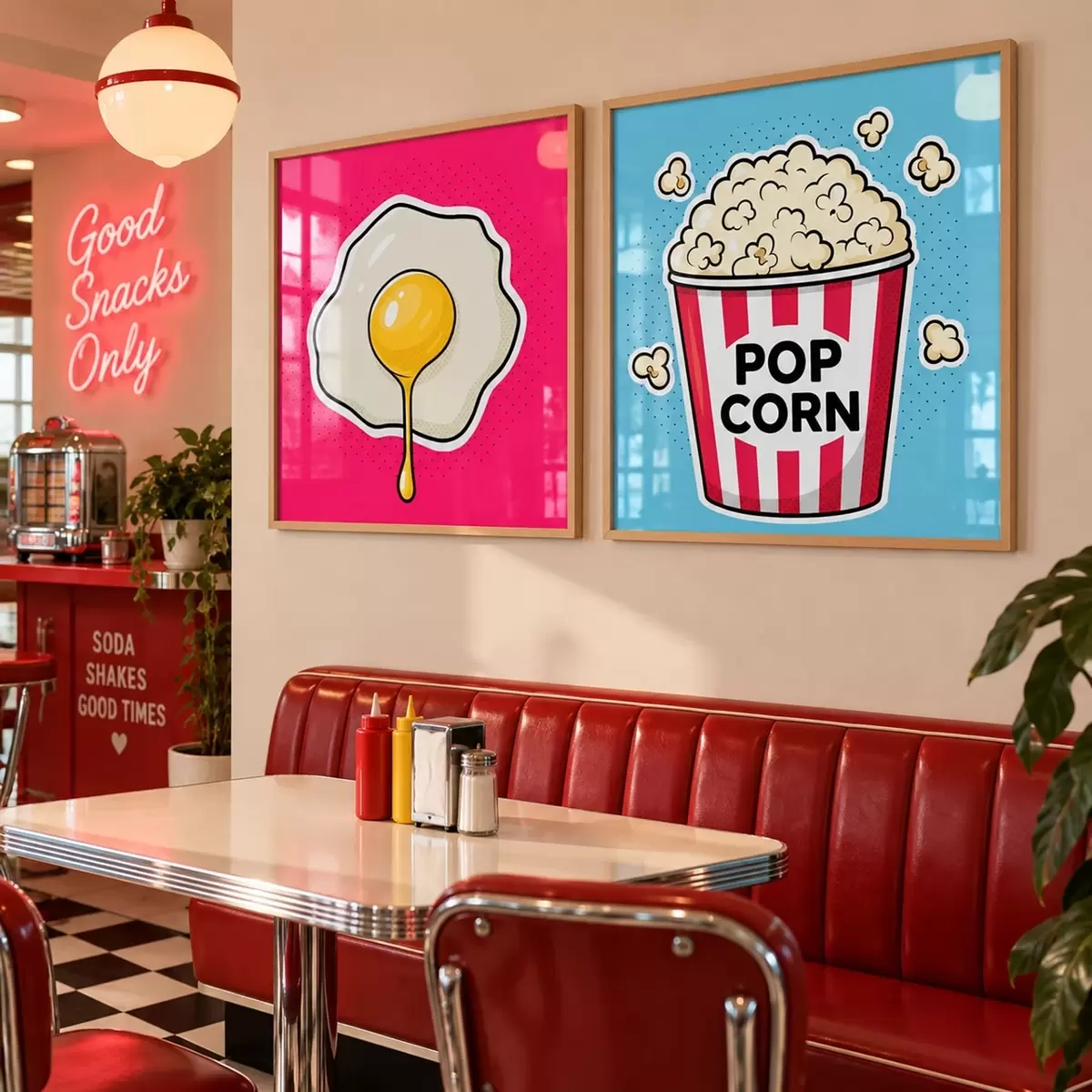 Plakat Jajko na różowym tle i wiadro z popcornem d31076