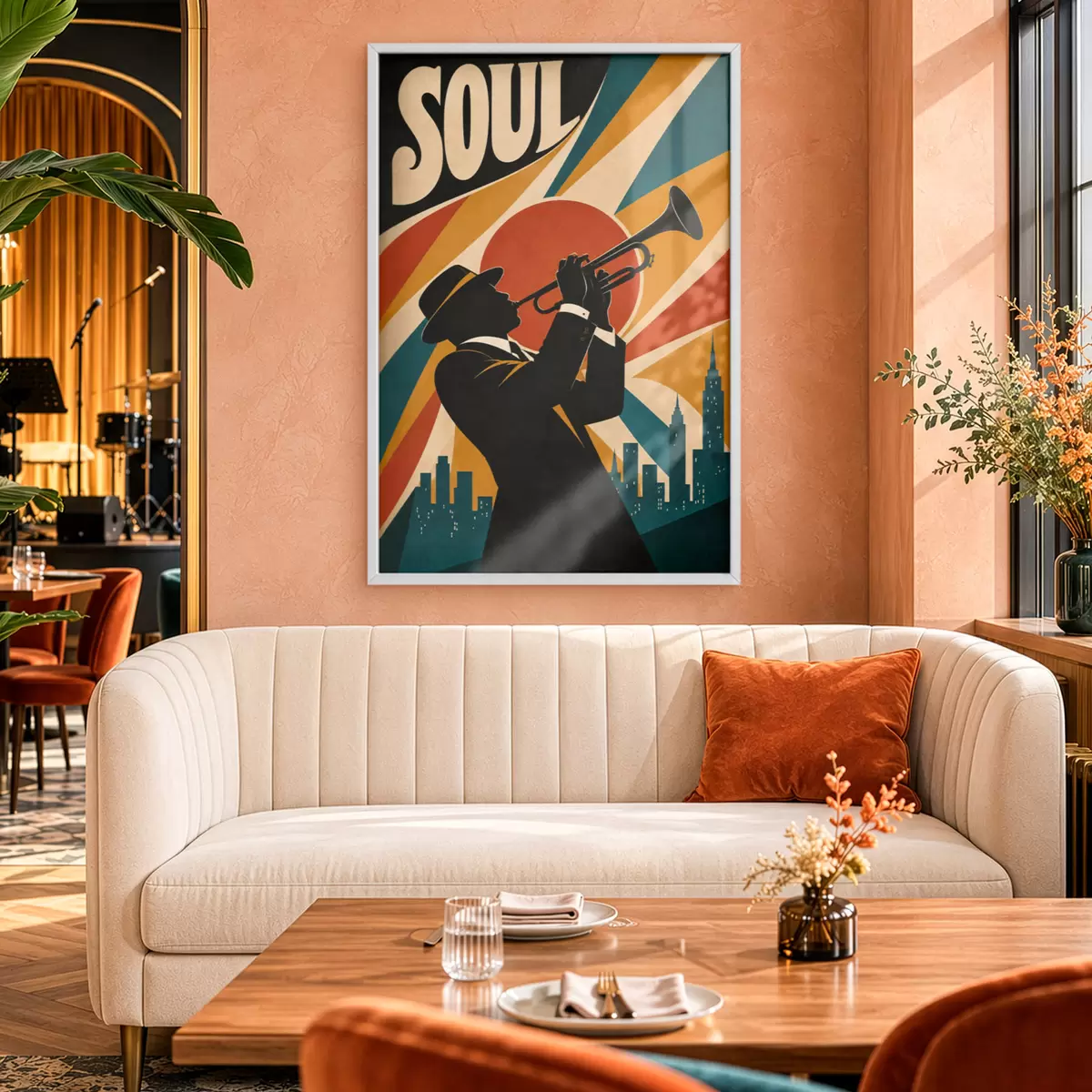 Plakat Jazz rozbrzmiewa wśród panoramy miasta f50925