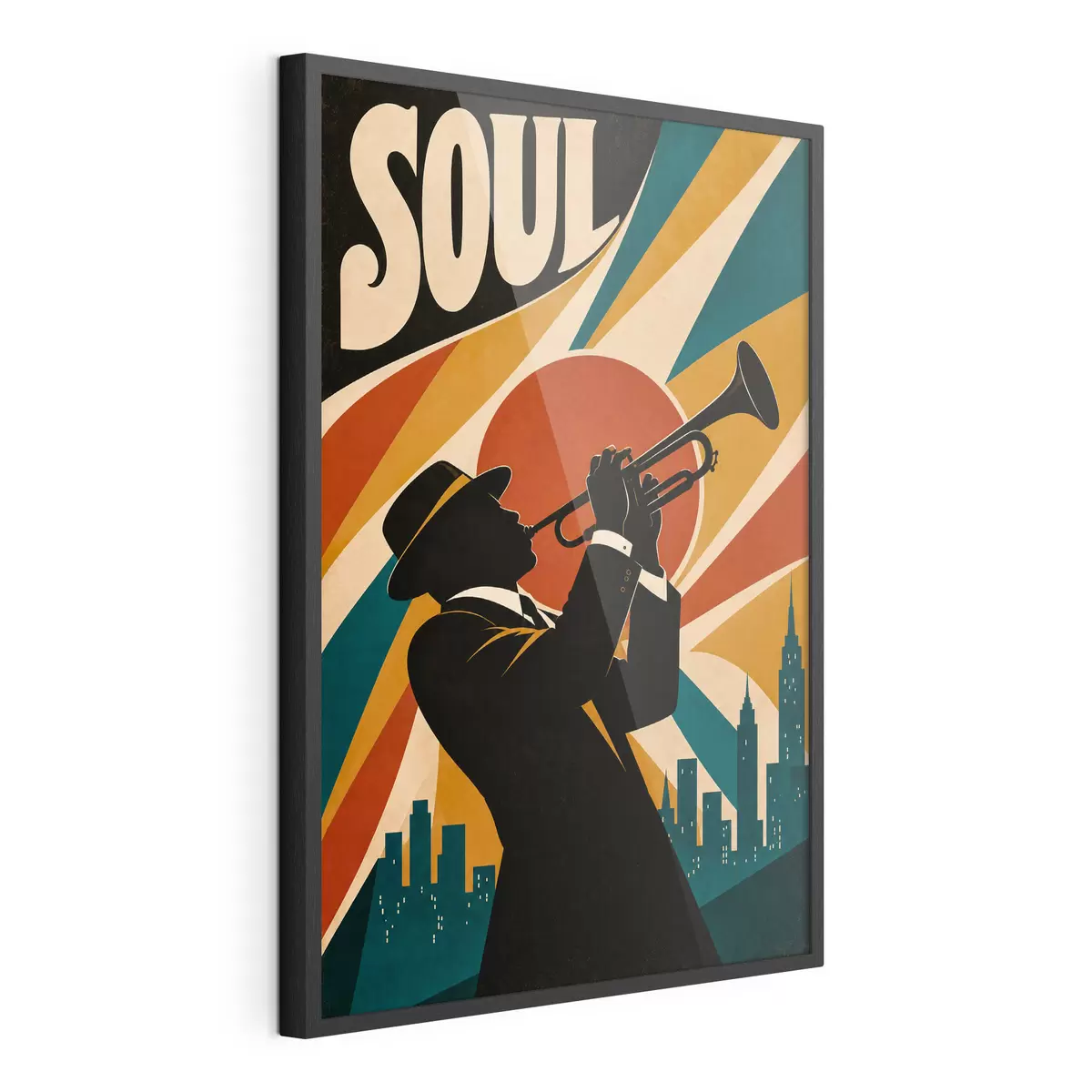 Plakat Jazz rozbrzmiewa wśród panoramy miasta f50925