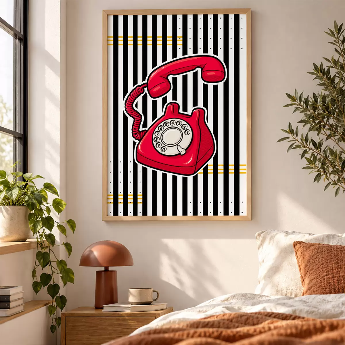 Plakat Retro czerwony telefon na tle wyrazistych pasków f50784